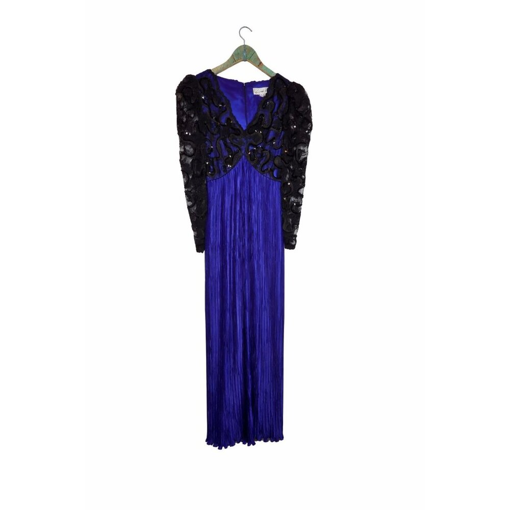 Vintage 1990s Lillie Rubin Royal Blue Sequin Lace Satin Pleat Evening Gown, 8 - Picture 2 of 13